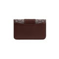 A dark brown leather card holder wallet with a textured gray and black patterned fabric accent strip along the top edge, shown against a plain white background.