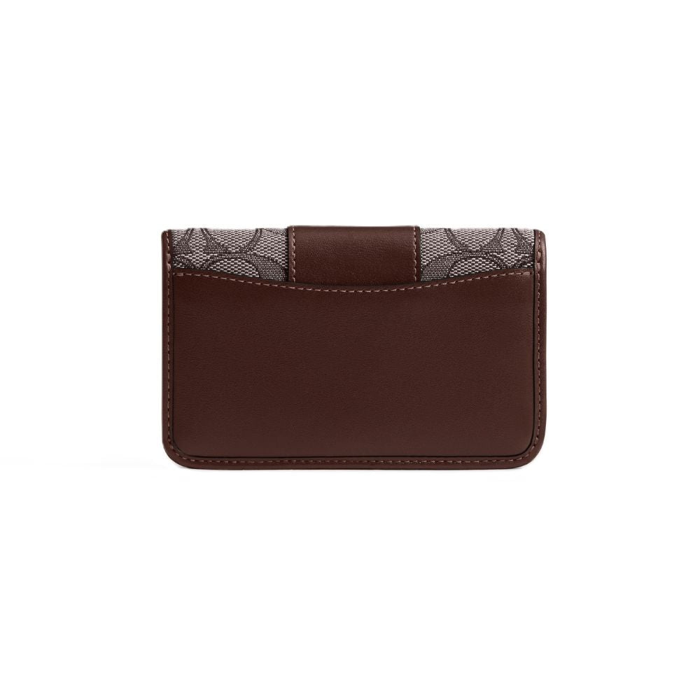 A dark brown leather card holder wallet with a textured gray and black patterned fabric accent strip along the top edge, shown against a plain white background.