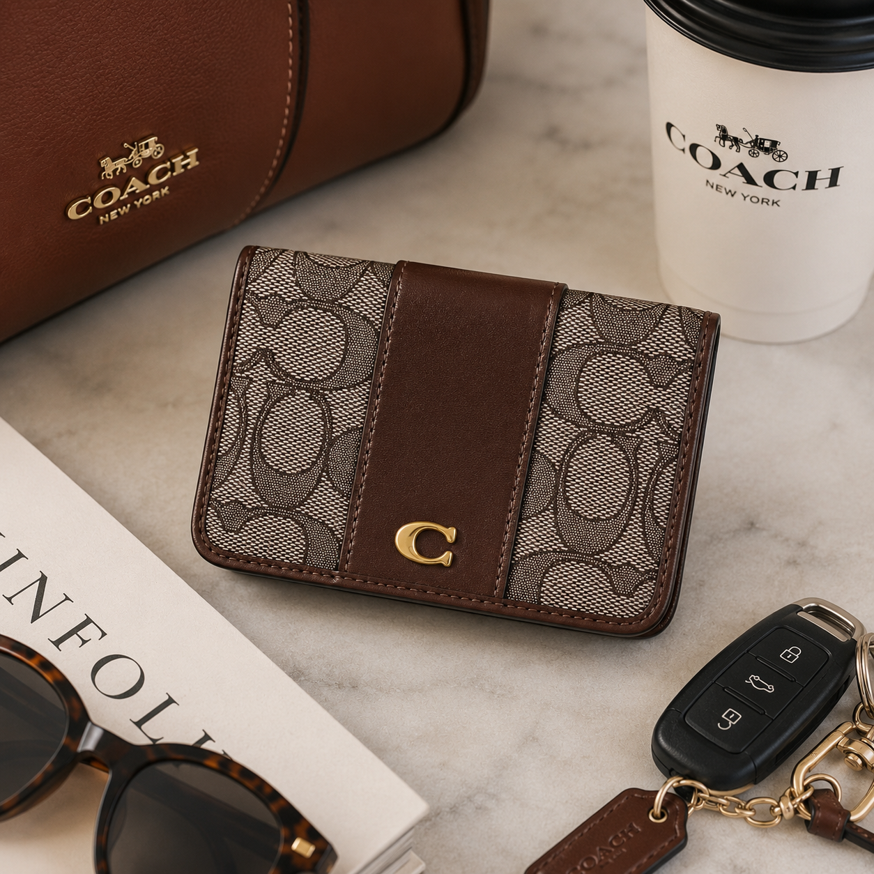 A Coach small bifold wallet with the brand's signature monogram canvas and brown leather trim, styled on a marble surface with a Coach bag, coffee cup, sunglasses, and keys nearby.