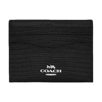 Coach Slim ID Card Case – Black Lizard-Embossed Leather  Minimalist Card Holder Wallet