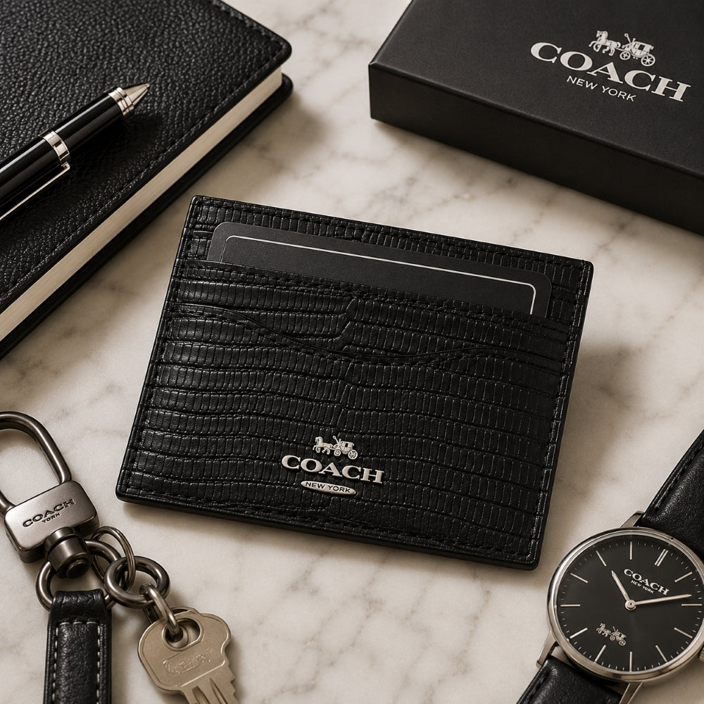 Coach Slim ID Card Case – Black Lizard-Embossed Leather  Minimalist Card Holder Wallet