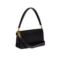 A black textured leather shoulder bag with gold-tone hardware and a long top handle, shown on a plain white background.