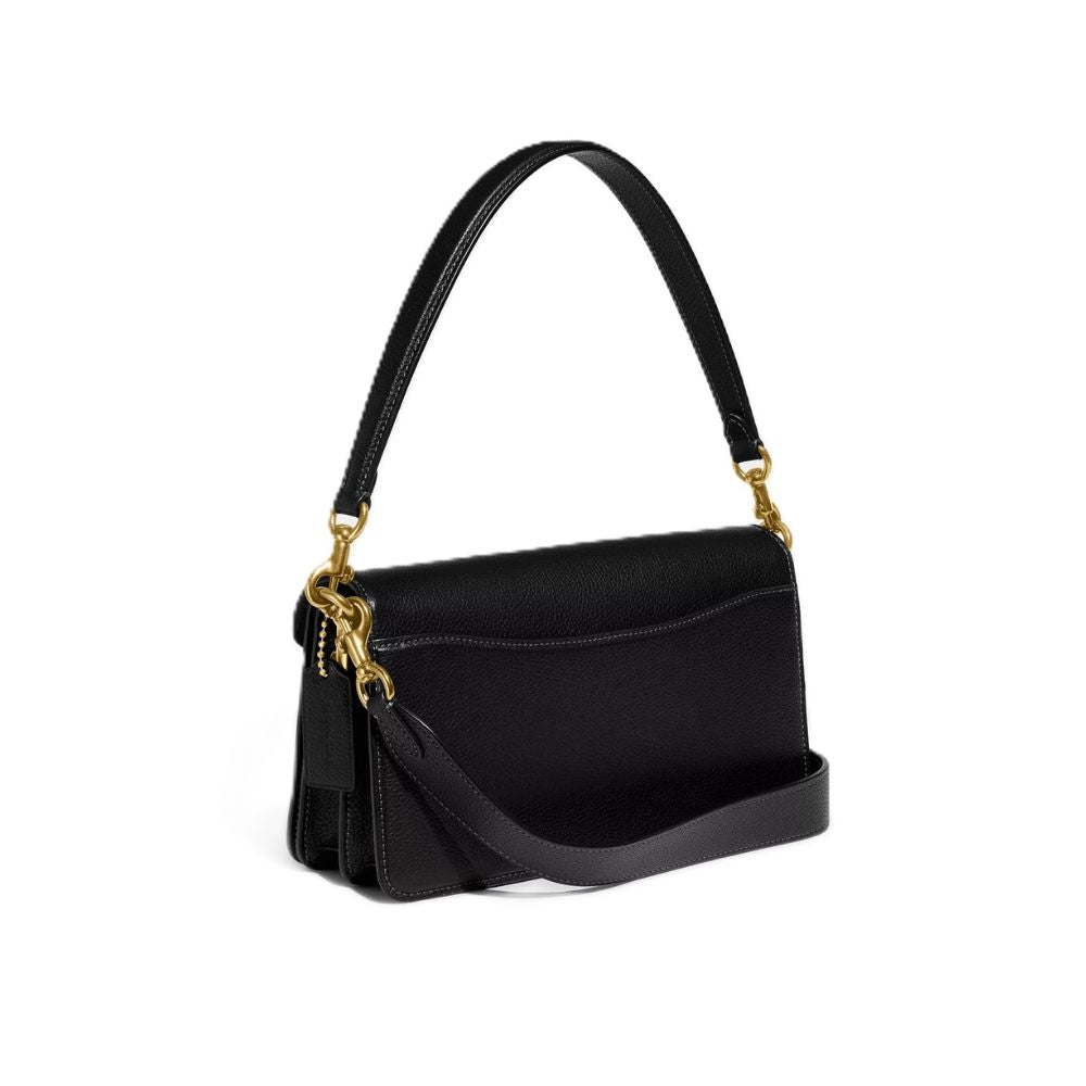 A black textured leather shoulder bag with gold-tone hardware and a long top handle, shown on a plain white background.