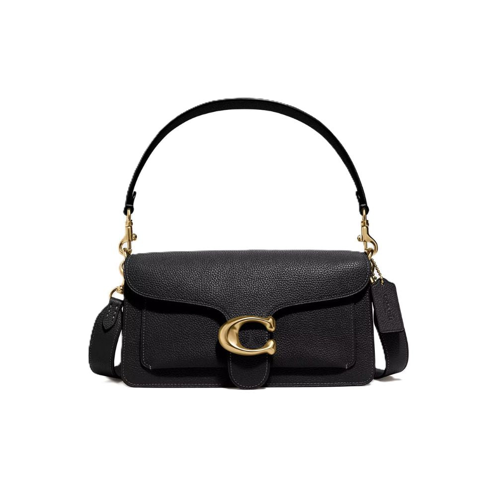 A black pebbled leather top-handle handbag with a gold-tone C logo clasp and a detachable shoulder strap, shown against a plain white background.