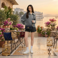 A woman stands on a luxurious outdoor terrace with a view of water and palace buildings in the background. She is wearing a gray zip-up knit sweater, black shorts, white socks, and white sneakers, and is carrying a black crossbody bag with a gold clasp.