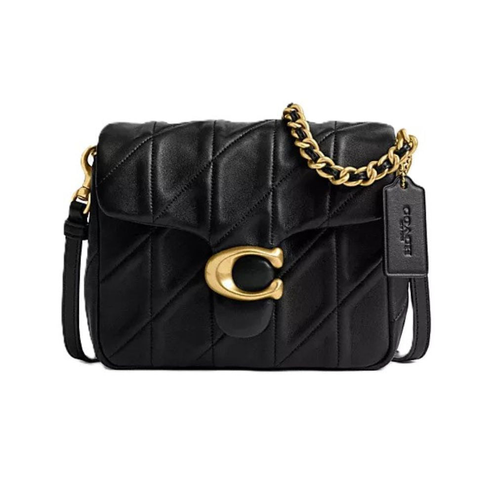 A black quilted leather Coach crossbody bag with a signature gold C logo clasp, gold chain strap, and black leather brand tag, shown on a plain white background.