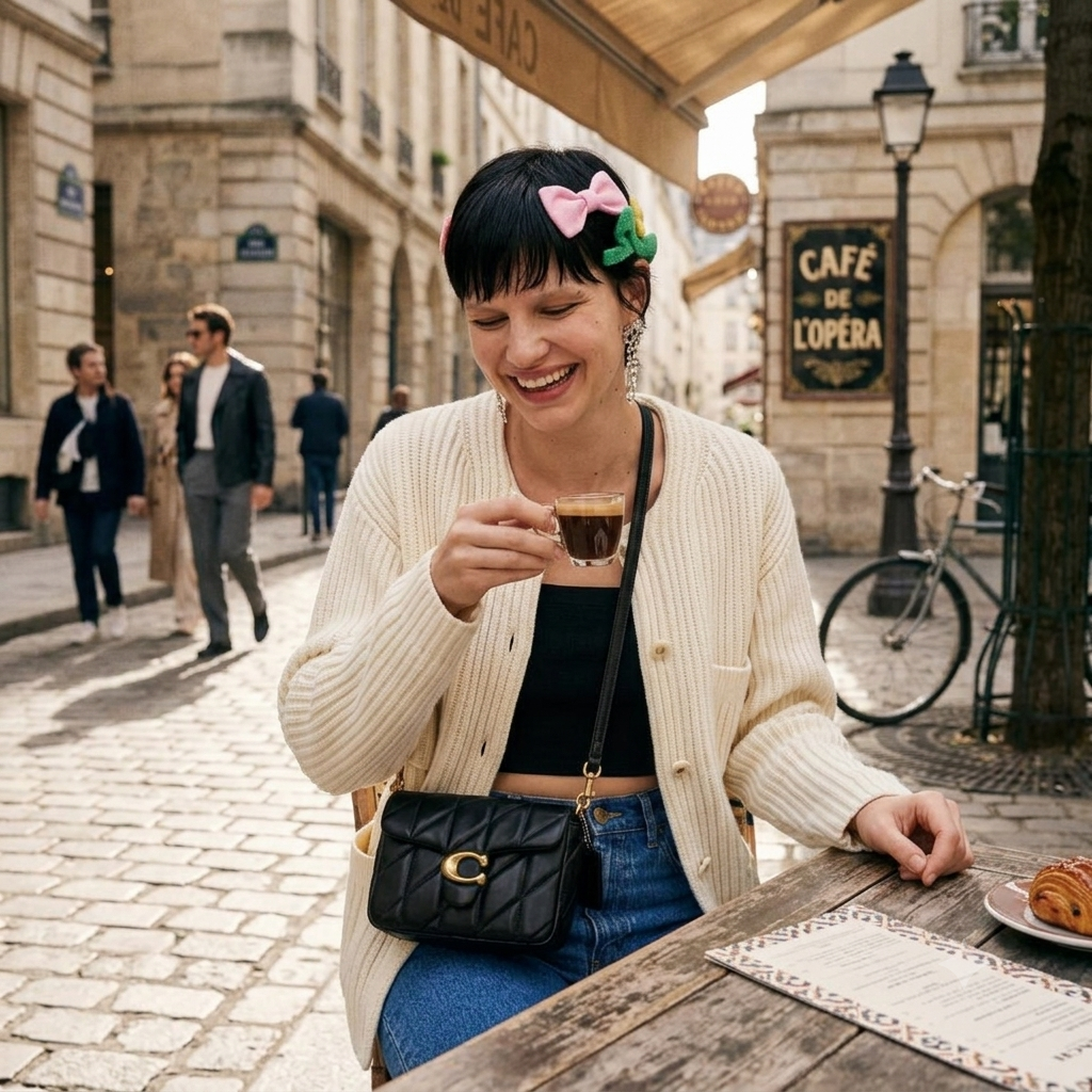 A woman sitting at a cafe table in a European street, wearing a cream ribbed cardigan, black top, blue jeans, and a black quilted shoulder bag with a gold C logo. She has a pink bow and green leaf hair clip.