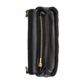 Black leather clutch handbag with gold-tone hardware, shown open to reveal the interior compartments and zippered pocket, set against a plain white background.