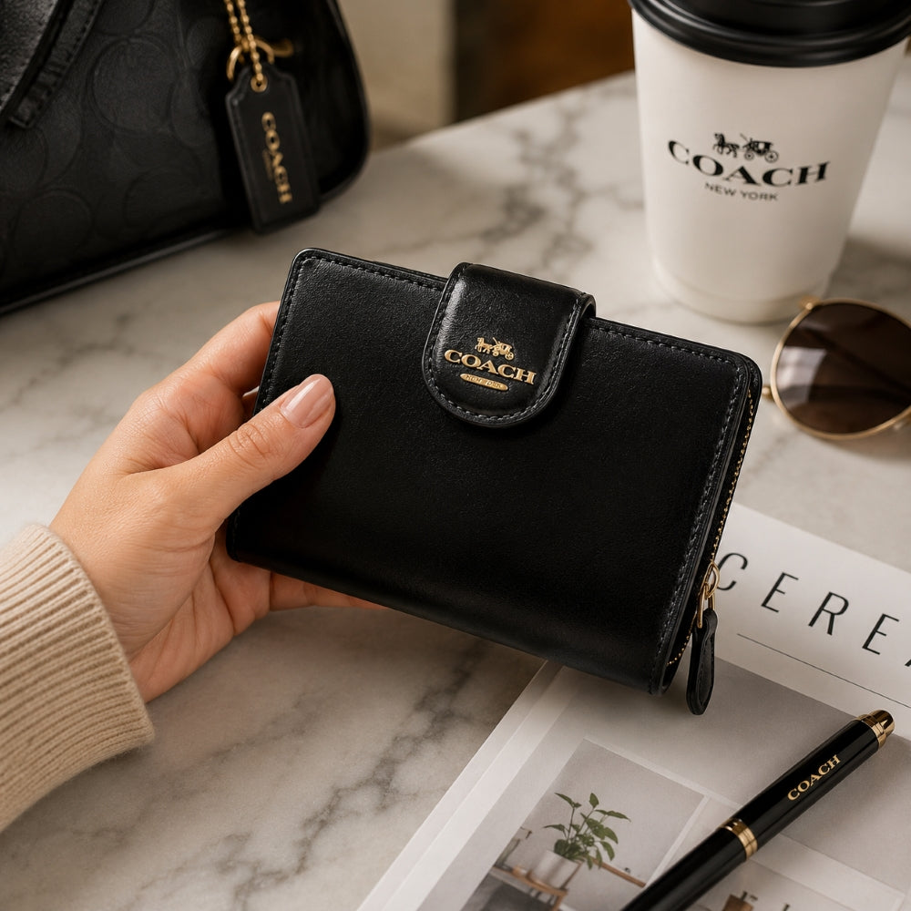Coach Medium Corner Zip Wallet – Black | Glazed & Smooth Leather Zip Wallet with ID Window