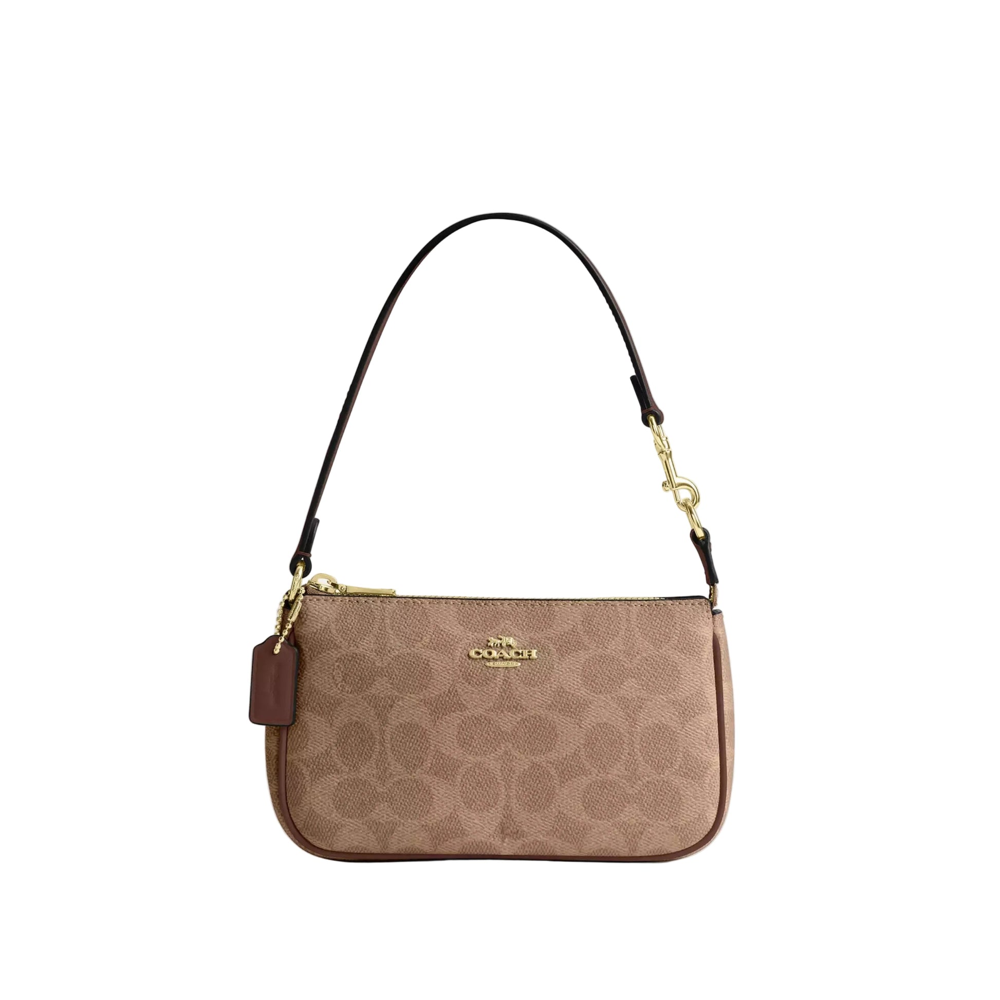A Coach shoulder bag in signature monogram canvas with a brown leather strap and gold-tone hardware, shown against a plain white background.