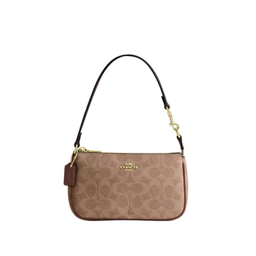 A Coach shoulder bag in signature monogram canvas with a brown leather strap and gold-tone hardware, shown against a plain white background.