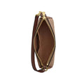 A brown leather shoulder bag shown open from the side, displaying its interior lining and gold-tone zipper hardware against a plain white background.