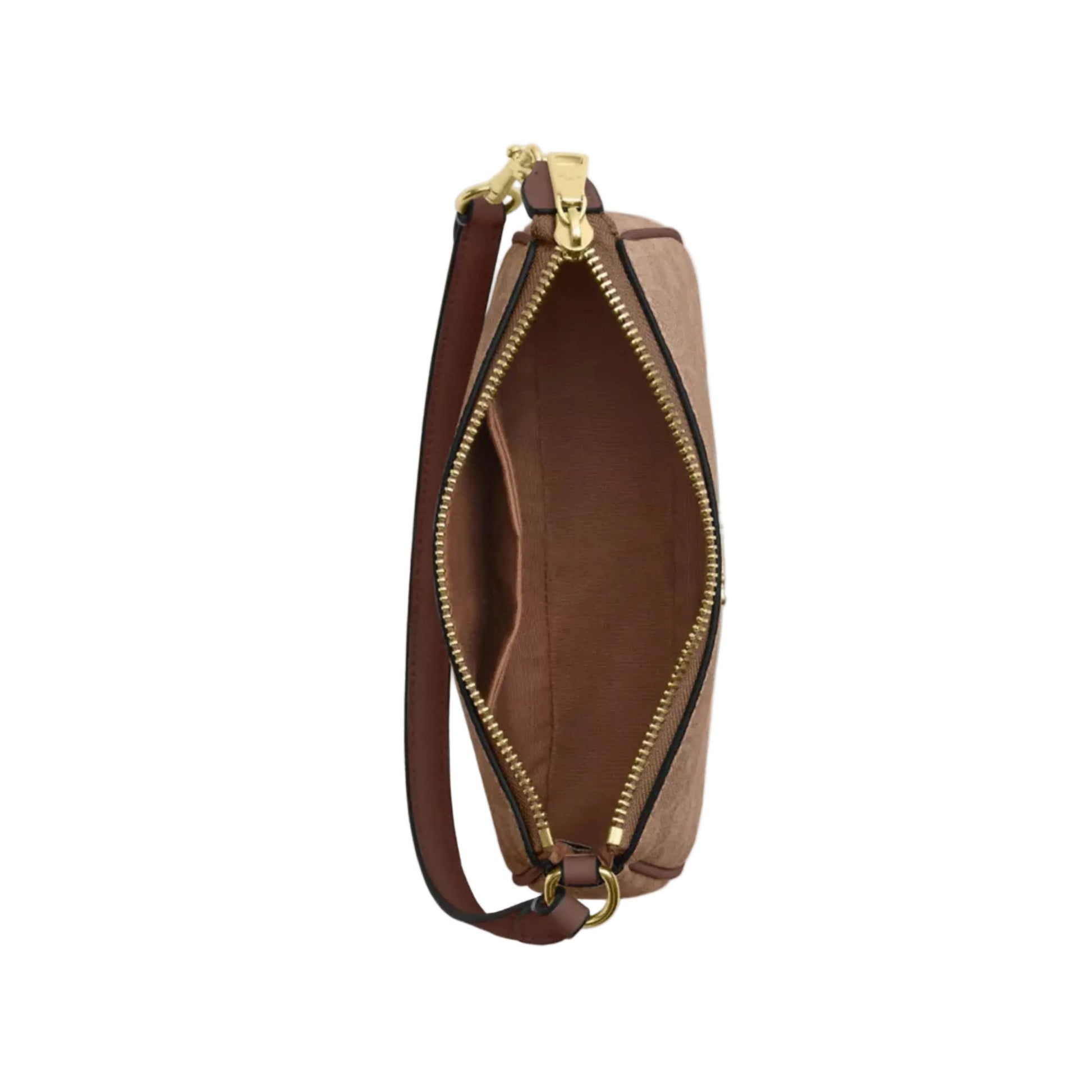 A brown leather shoulder bag shown open from the side, displaying its interior lining and gold-tone zipper hardware against a plain white background.