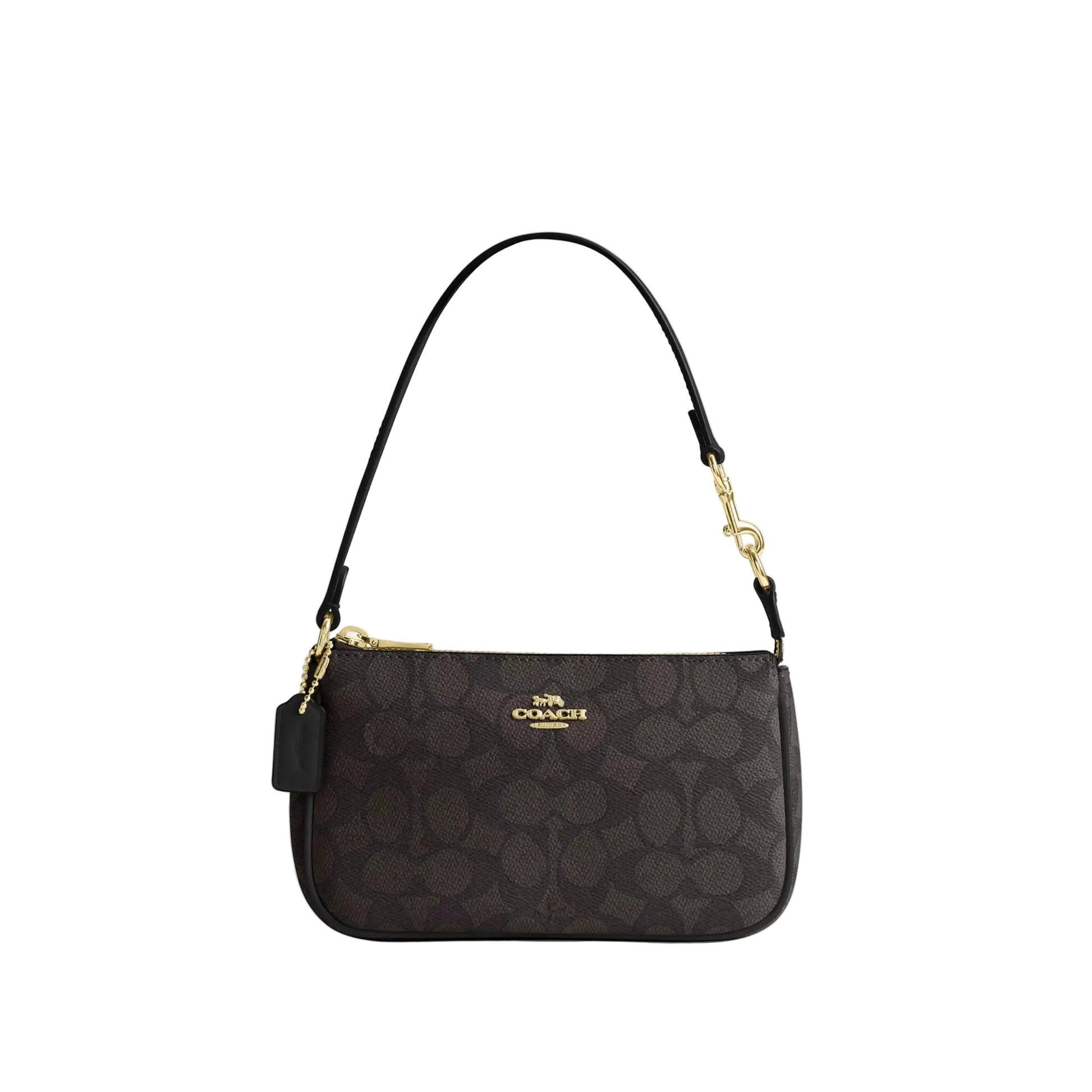 Black Coach handbag with gold accents on a light gray background