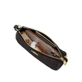 Black handbag with gold zipper on a white background