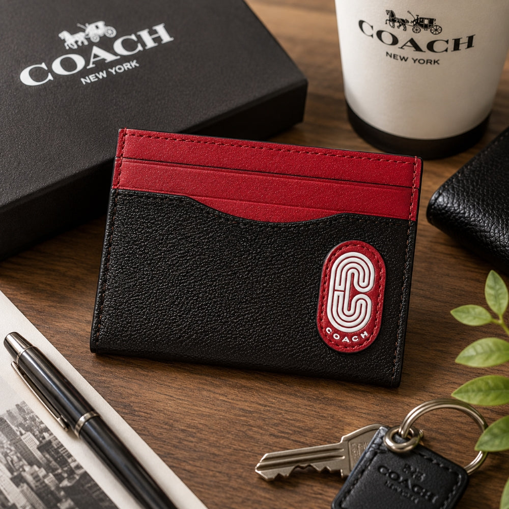 A Coach card holder wallet in black textured leather with a red top stripe and red logo patch, shown on a wooden desk with a black Coach box, white coffee cup, pen, keys, and small green leaves.