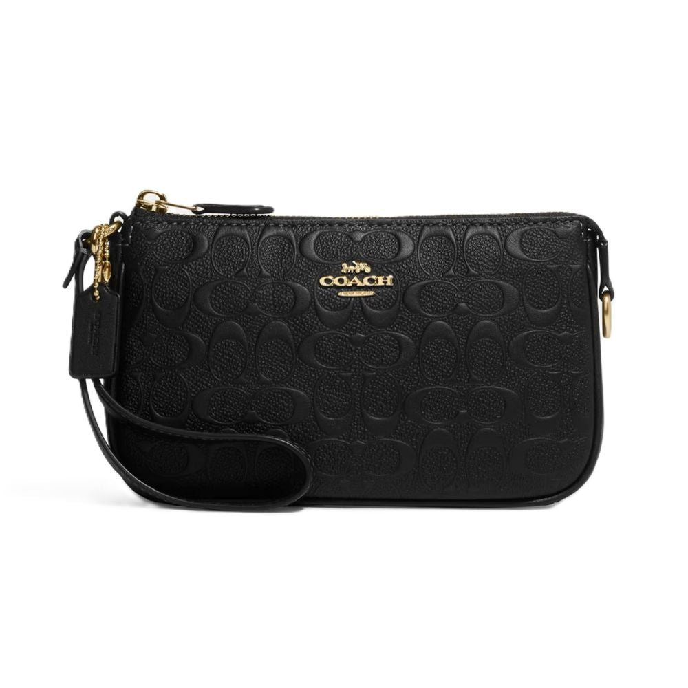 A black Coach crossbody bag with an embossed signature C pattern, gold-tone hardware, and a wristlet strap, shown against a plain white background.