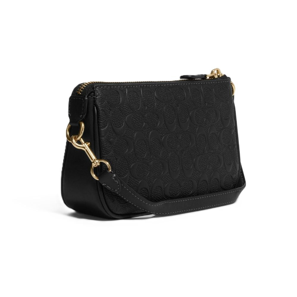 A black leather crossbody bag featuring an embossed signature monogram pattern, gold-tone hardware, and a matching shoulder strap, shown on a plain white background.