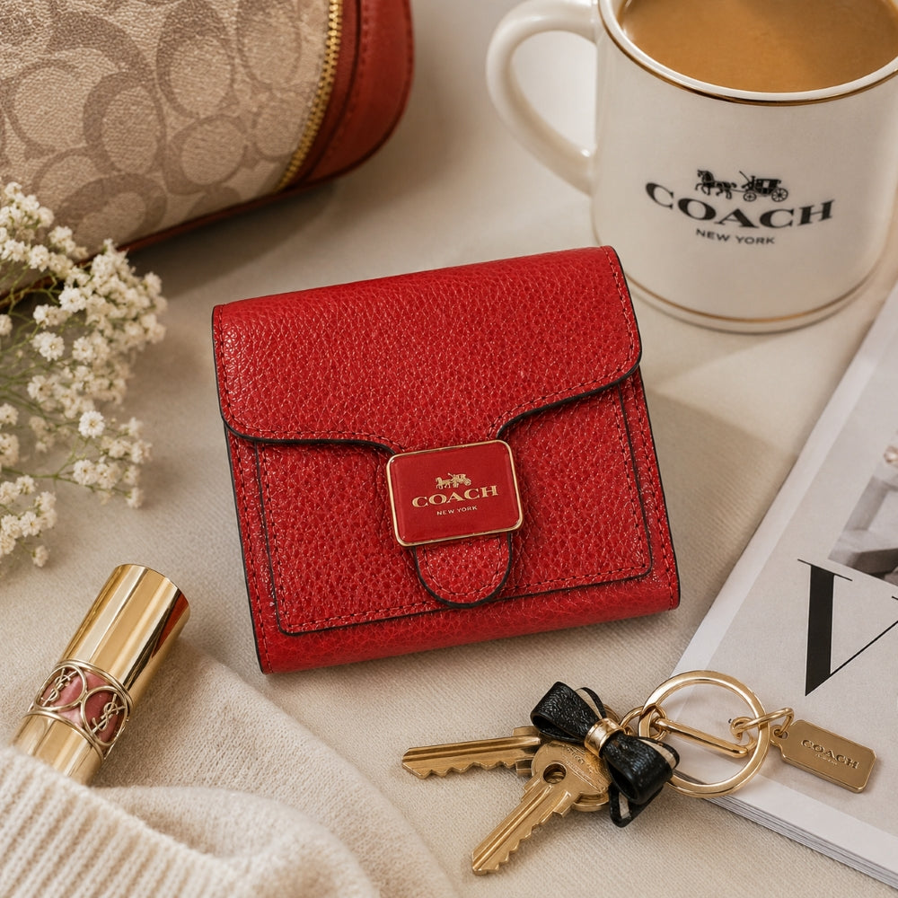 Coach Small Pepper Wallet in Gold / 1941 Red – Pebble Leather Women's Designer Wallet