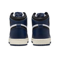 A pair of navy blue high-top sneakers shown from the back, featuring navy and white stripes, a white midsole, and a navy outsole, photographed against a solid white background.