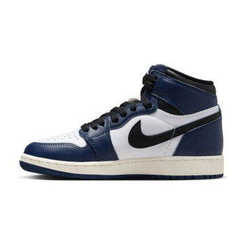 A Nike Air Jordan 1 high-top sneaker in navy blue, white, and black, shown from a side profile view against a plain white background.
