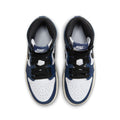 A pair of Nike Air Jordan 1 Mid sneakers shown from a top-down view. The shoes feature a white leather base with navy blue overlays, black laces, and a white midsole with a dark edge.