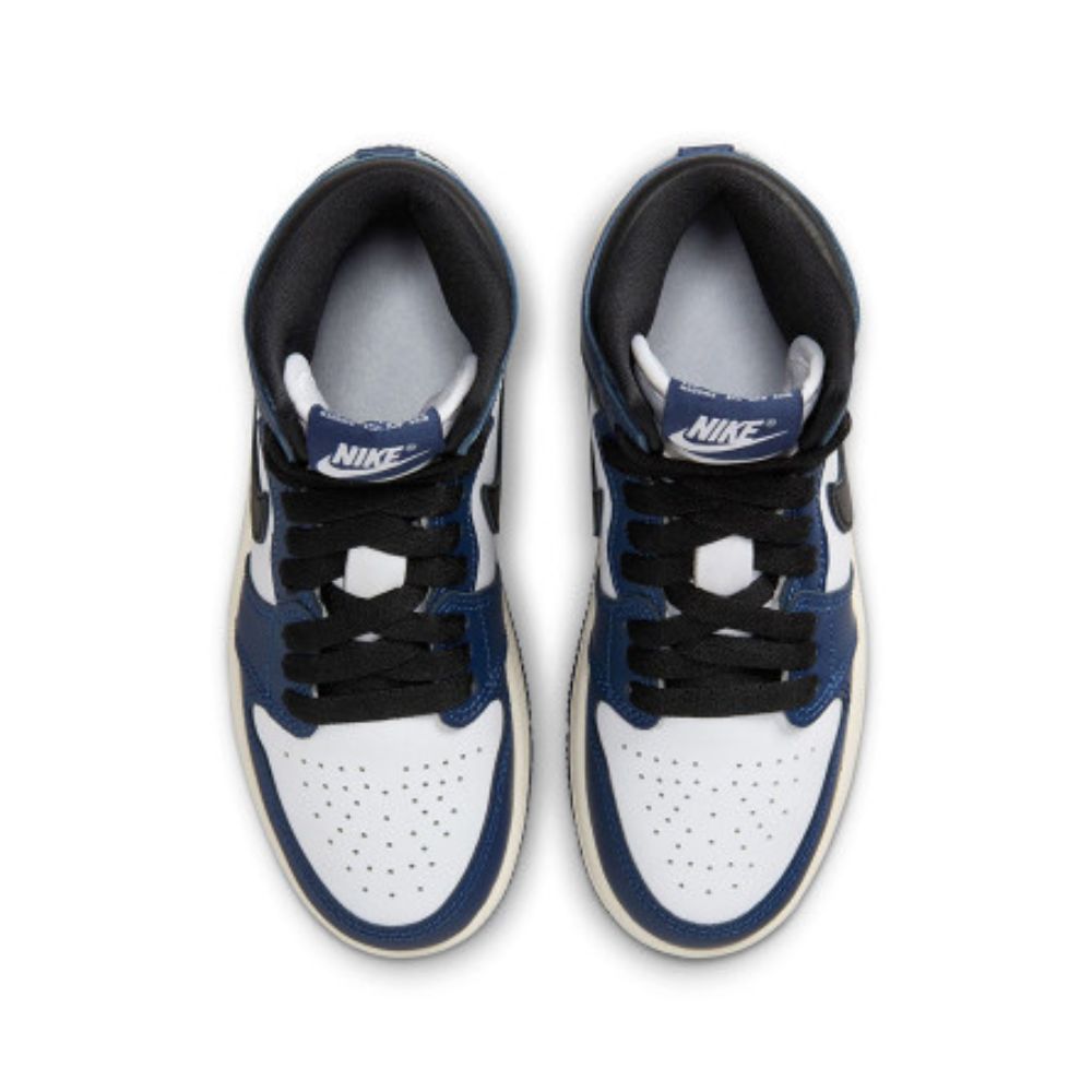 A pair of Nike Air Jordan 1 Mid sneakers shown from a top-down view. The shoes feature a white leather base with navy blue overlays, black laces, and a white midsole with a dark edge.