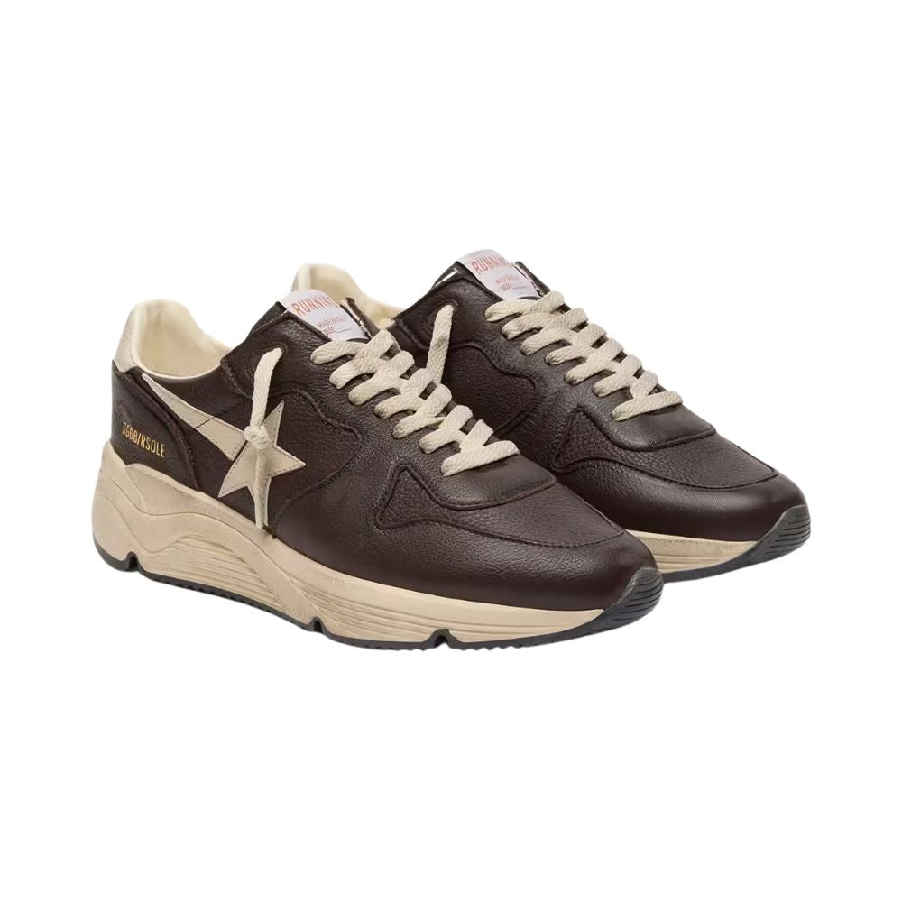 Golden Goose Men’s Running Sole Sneakers in Brown Leather with Cream Star