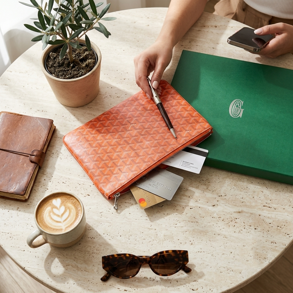 An orange Goyardine zip pouch featuring the brand's signature repeating chevron pattern in orange and white, shown against a plain white background.
