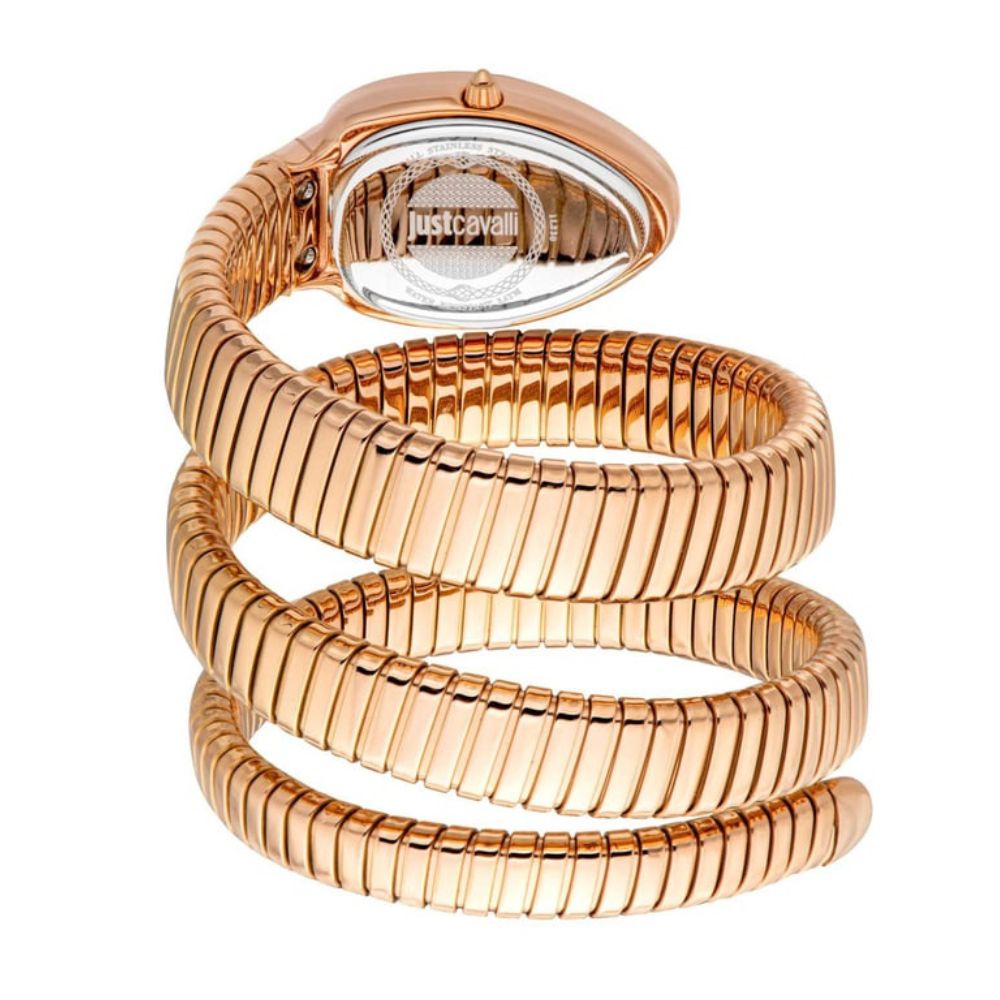 A rose gold snake-style bangle watch with an integrated oval watch face, coiled to display its textured, ribbed band and clear crystal back.