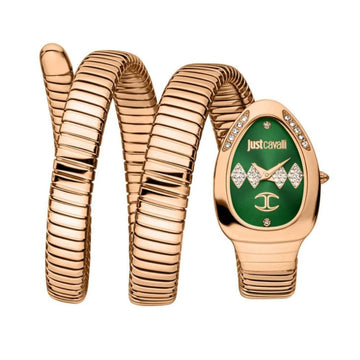 A Just Cavalli women's watch featuring a distinctive coiled rose gold-plated bangle strap and an oval watch case with a green dial, crystal-embellished details, and gold-tone hands.