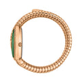 A rose gold smartwatch with a distinctive segmented metal band, shown from a side profile view against a solid white background.