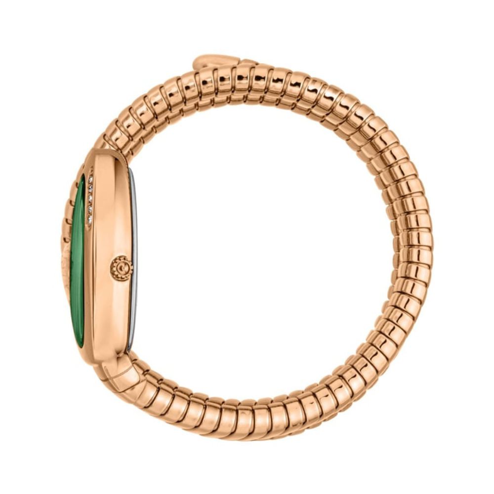 A rose gold smartwatch with a distinctive segmented metal band, shown from a side profile view against a solid white background.