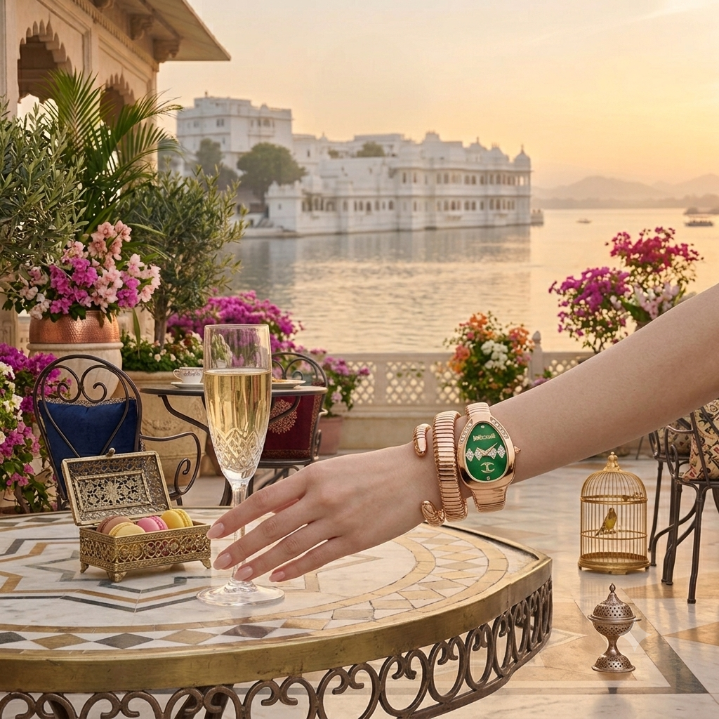 A Just Cavalli women's watch featuring a distinctive coiled rose gold-plated bangle strap and an oval watch case with a green dial, crystal-embellished details, and gold-tone hands.