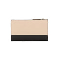 A two-tone leather zip-around wallet with a light beige top panel and a black bottom panel, shown against a plain white background.