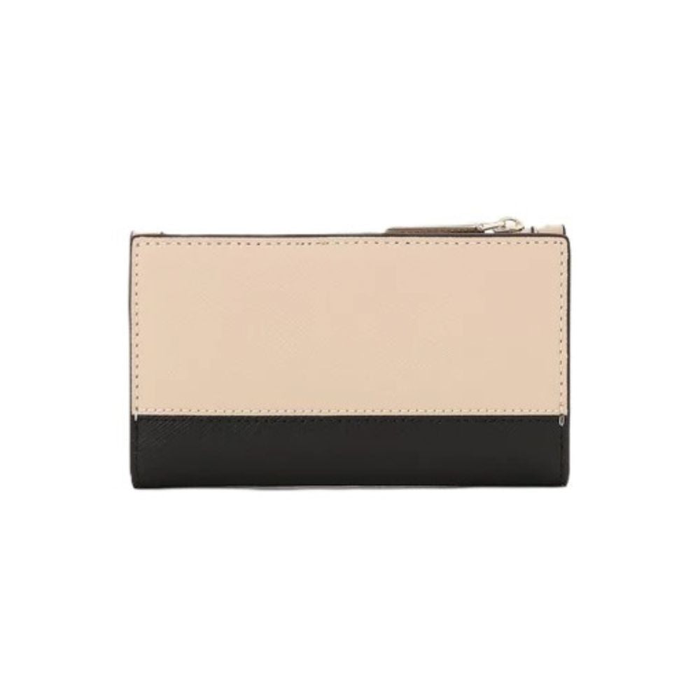 A two-tone leather zip-around wallet with a light beige top panel and a black bottom panel, shown against a plain white background.