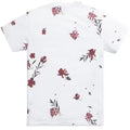 White short-sleeve t-shirt with an allover floral print in dark red and gray-green, shown from the back on a plain white background.