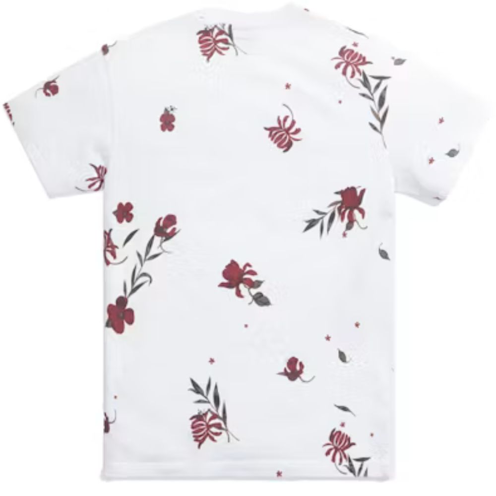 White short-sleeve t-shirt with an allover floral print in dark red and gray-green, shown from the back on a plain white background.