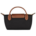 A black nylon handbag with brown leather handles and a matching brown flap featuring the embossed brand name 'LONGLENG'.