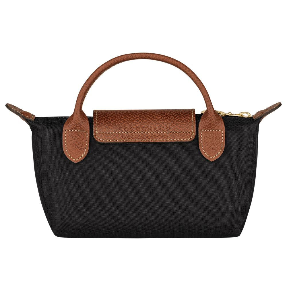 A black nylon handbag with brown leather handles and a matching brown flap featuring the embossed brand name 'LONGLENG'.