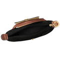 A black nylon pouch with brown leather trim and gold-tone hardware, shown open against a white background.