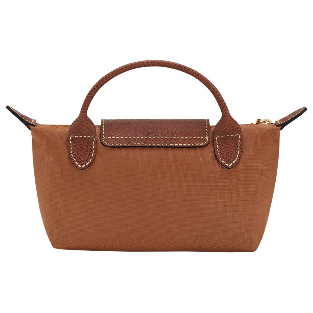 A structured brown handbag with a smooth coated canvas body, a top handle, and textured leather trim details on the handle attachments and front flap, shown against a plain white background.