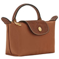 Brown handbag with gold accents on a white background