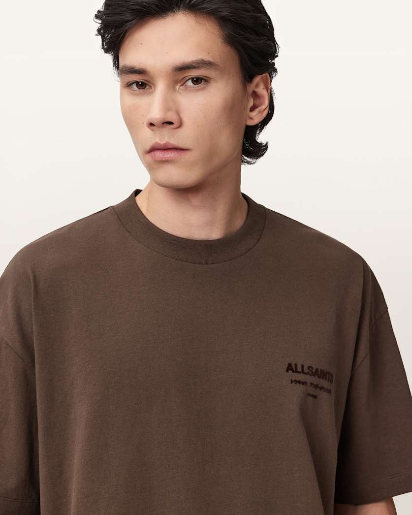 AllSaints Xander Flocked Logo Oversized T-Shirt – Bitter Brown