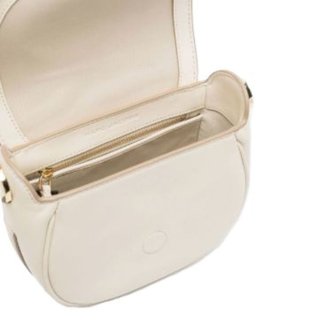 An off-white leather shoulder bag shown open, displaying its interior lining, zippered compartment, and gold-tone hardware against a white background.