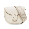 An off-white leather shoulder bag with a flap closure, a large decorative front clasp, and a wide beige woven strap featuring large white lettering, shown on a plain white background.