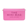 A pink pebbled leather mini wallet by Marc Jacobs, featuring the text 'THE MINI BAG' and 'MARC JACOBS' embossed on the front, set against a plain white background.