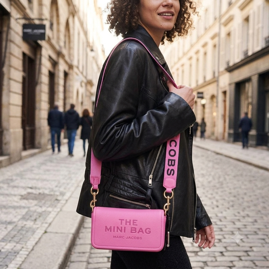 A pink pebbled leather mini wallet by Marc Jacobs, featuring the text 'THE MINI BAG' and 'MARC JACOBS' embossed on the front, set against a plain white background.