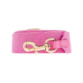 A pink woven fabric strap with a gold-tone metal clasp and a matching pink leather loop, shown on a plain white background.