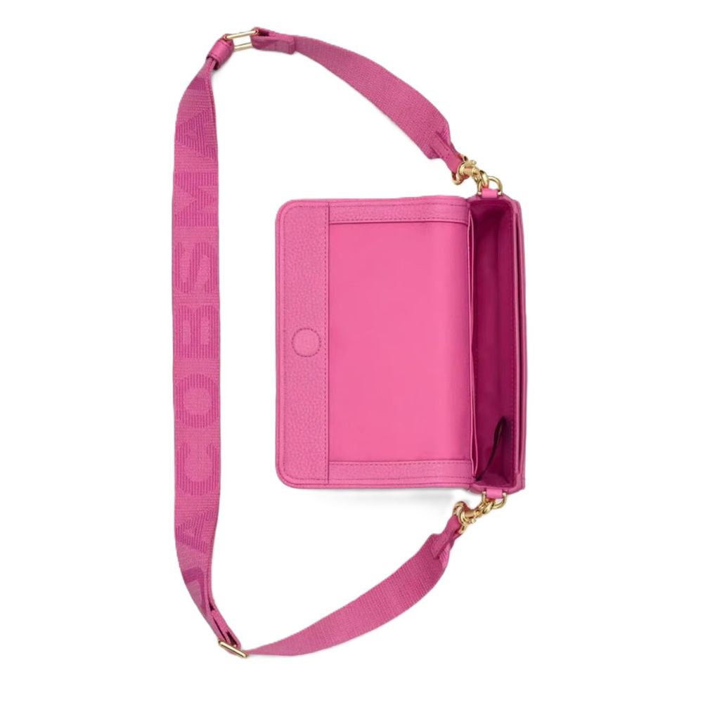 A bright pink leather crossbody bag with a matching pink woven shoulder strap featuring the brand name 'ACOBSM' in tonal lettering, shown against a plain white background.